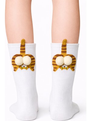 Carnaval Socks Krem Kedi Desenli Ponpon Detaylı Unisex Soket Çorap
