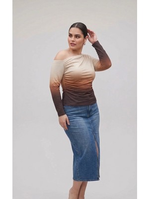 Blouse Büyük Beden Soyut Desenli Düşük Omuz Bluz