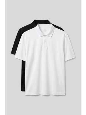 Polo Yaka Büyük Beden 2li Paket Siyah-Beyaz Erkek T-Shirt - 88511
