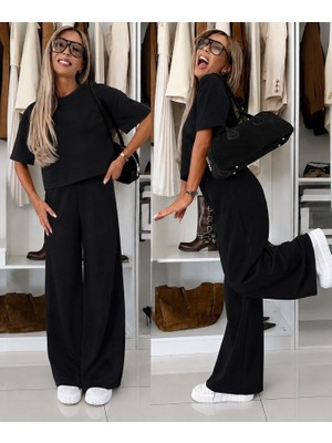 Gökyüzü Moda Kadın Kısa Kollu Bisiklet Yakalı Modal Bluz ve Pantolon Ikili Takım