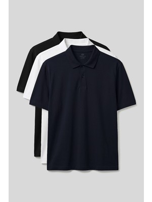 Polo Yaka Büyük Beden 3lü Paket Siyah-Beyaz-Lacivert Erkek T-Shirt - 88511