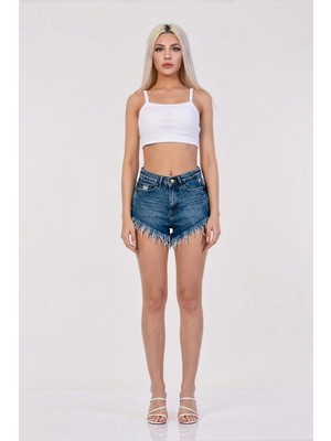 Whatsup Yırtık ve Saçaklı Yüksek Bel Denim Şort  - Mavi Mavi - 26