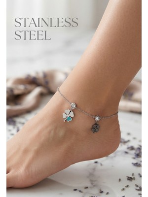 Stainless Steel Gümüş Renk Turkuaz Taşlı Yonca Model Çelik Halhal