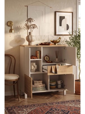 Robin Home Urban Çok Amaçlı Dolap Ahşap Ayaklı 4 Kapaklı Çekmeceli Kumsal-Sepet
