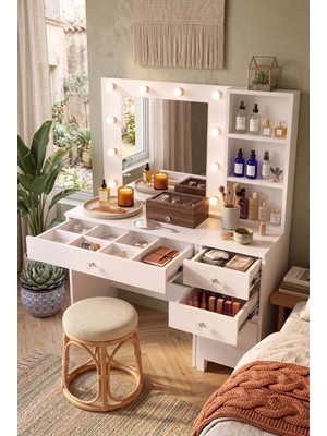 Robin Home Hollywood Makyaj Masası 3 Çekmece Kapaklı Düzenleyici Hollywood LED Işıklı Raflı Beyaz