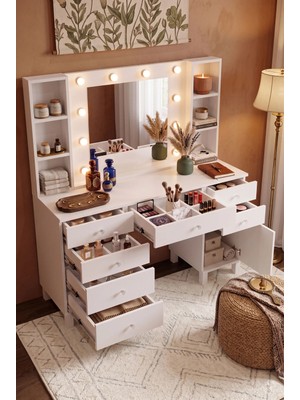 Robin Home Hollywood Makyaj Masası 7 Çekmece Kapaklı Düzenleyici Hollywood LED Işıklı Raflı Beyaz