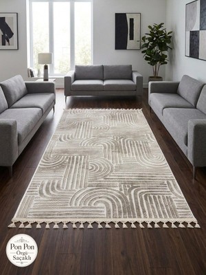 NarStore Home Kaymaz Taban Krem Bej Modern Desenli Yıkanabilir Leke Tutmaz Saçaklı Salon Oturma Odası Mutfak Halı Yolluk
