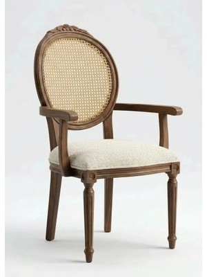 Silla Kollu Madalyon Sandalye Teddy Krem Kumaş Oymalı Hasırlı Ceviz Ahşap Sandalye