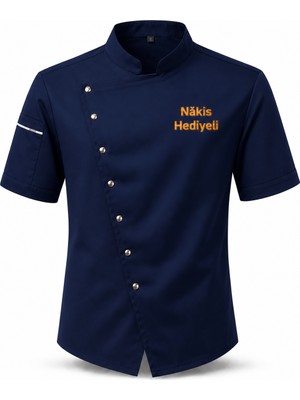 Mekaizen Kısa Kollu Chef Ceketi Aşçı Üniforması, Aşçı Gömleği Aşçı Forması Asimetrik Tasarım Nakış Hediyeli