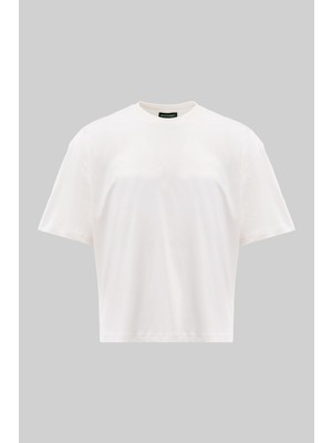 Machinist Erkek Basic Pamuklu Crop Oversize Tişört Ekru