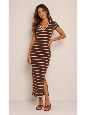 Blouse Kahve Çizgili V Yaka Yırtmaç Detay Maxi Elbise