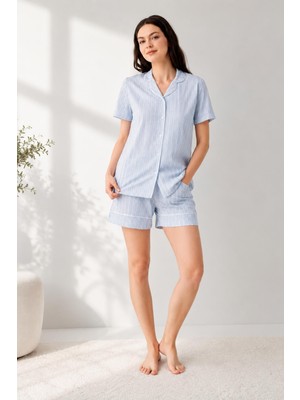 Arnetta Premium Seri Kadın Gömlek Yaka Önden Düğmeli %100 Pamuklu Kısa Kol Şortlu Pijama Takım