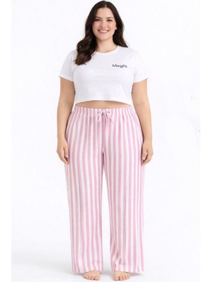 Hace Bazaar Viskon Pamuklu Kadın Büyük Beden Pudra Pembe Çizgili Pijama Pantolon - MGB004 - Mudanis