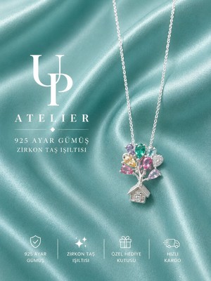 Up Atelier 925 Ayar Gümüş Ithal Zincirli Renkli Zirkon Taşlı Uçan Ev Kolye 45CM