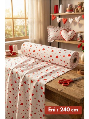 Morlay %100 Pamuk Kırmızı Kalpli Poplin Kumaş En: 240 cm Nevresim, Çarşaf, Yastık Kılıfı, Elbise ve Çanta