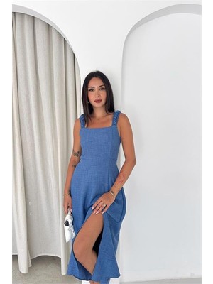 Neşeli Butik Kadın Mavi Sırt Bağcıklı Askılı Midi Boy Kare Yaka Elbise NBK4672