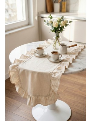 Morlay Ham Naturel Fırfırlı Keten Runner - 40X110 cm