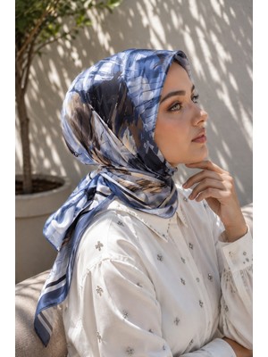 Ebru Tesettür Pastel Çiçek Desen Eşarp Serisi Indigo