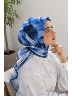 Ebru Tesettür Pastel Çiçek Desen Eşarp Serisi Lacivert
