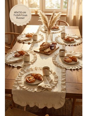Morlay 7 Parça Fırfırlı Sofra Sunum Seti 6 Adet Amerikan Servisi Supla + 1 Adet Fırfırlı Runner - 40X150 cm