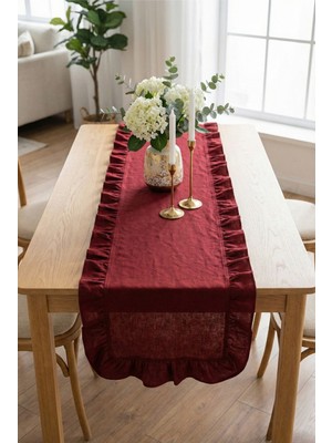 Morlay Naturel Kırmızı Bordo Fırfırlı Keten Runner - 40X150 cm