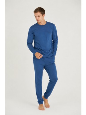 Gd Goldoremi Premium Serisi Erkek %100 Pamuklu Rahat 0yaka Uzun Kollu Paçaları Manşetli Pijama Takım