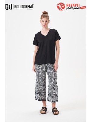 Gd Goldoremi 29063 Premium Kadın V Yaka Rahat Kalıp Desenli Bol Paça Kısa Kollu Pijama Takım