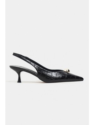 Nişantaşı Shoes Alvera Siyah Kroko Aksesuar Detay Sivri Burun Kadın Topuklu Ayakkabı