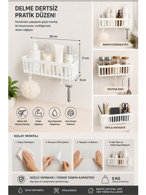 Kendinden Yapışkanlı Banyo Rafı 26X11X9 cm Delmeden Montaj Mutfak Düzenleyici Organizer Duvar Rafı Çok Amaçlı B