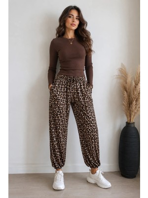 Sibel Günay Butik Kahve Leopar Desenli Saten Şalvar Pantolon | %100 Viskon, Lastikli Bel, Cepli Kadın Pantolon