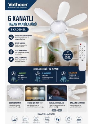 TKÇ 6 Kanatlı 3 Kademeli LED Aydınlatmalı Uzaktan Kumandalı Tavan Vantilatörü