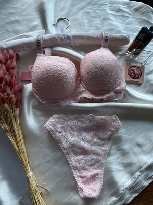 Nivene Dantelli Lastiği Taşlı Balenli Destekli string Iç Çamaşırı Takımı Romantik takımı Pembe