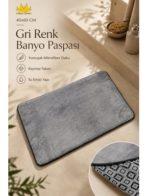 Missclean Kaymaz Tabanlı Gri Renk 40*60 cm Banyo Paspası Düz Desenli