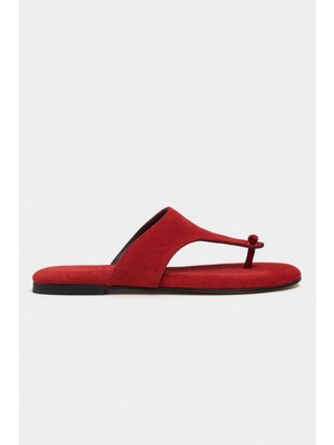 Nişantaşı Shoes Almira Kırmızı Süet Deri Düz Taban Kadın Parmak Arası Terlik