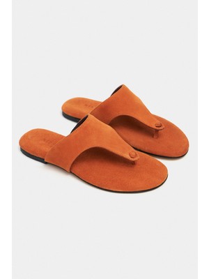 Nişantaşı Shoes Almira Turuncu Süet Deri Düz Taban Kadın Parmak Arası Terlik