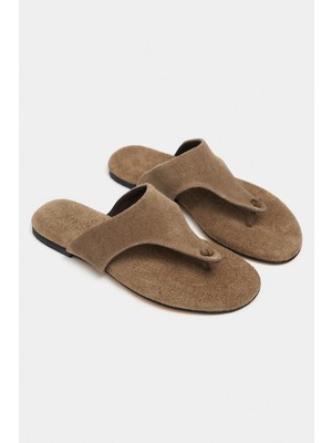 Nişantaşı Shoes Almira Rome Bej Süet Deri Düz Taban Kadın Parmak Arası Terlik