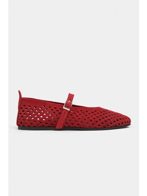 Nişantaşı Shoes Belinda Kırmızı Süet Deri Zımbalı Toka Detay Düz Taban Kadın Babet
