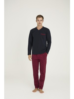 Kly Premium Erkek V Yaka Cepli %100 Pamuklu 4 Mevsim Kumaş Uzun Kollu Rahat Kalıp Pijama Takım