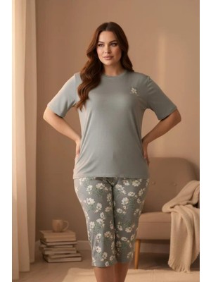 Gd Goldoremi Premium Kadın Büyük Beden Kısa Kollu Likralı Açık Yeşil Rahat Kapri Pijama Takım