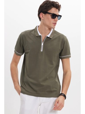 Tudors Erkek Slim Fit Dar Kesim %100 Pamuk Düz Pike Fermuarlı Haki Polo Yaka Tişört