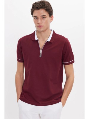 Tudors Erkek Slim Fit Dar Kesim %100 Pamuk Düz Pike Fermuarlı Bordo Polo Yaka Tişört