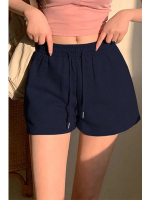 Cool Tarz Kadın Lacivert Pamuklu Iki Iplik Şardonlu Yumuşacık Beli Gipe Lastikli Kısa Şort
