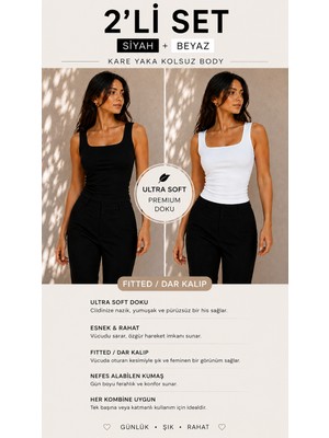 Hayalet Kadın Kare Yaka Kolsuz Basic T-Shirt  - Ultra Soft Preimum Doku - Fitted / Dar Kalıp Bluz (Göğüs Astarlı)