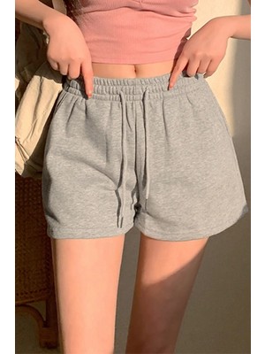 Cool Tarz Kadın Gri Pamuklu Iki Iplik Şardonlu Yumuşacık Beli Gipe Lastikli Kısa Şort