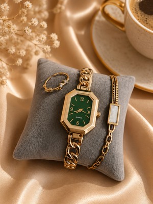 Jammy Jewerly Gold Renk Yeşil Kadranlı Zincir Kordon Kadın Kol Saati, Gold Taş Detaylı Yüzük ve Sedef Detaylı Bileklik Kombini
