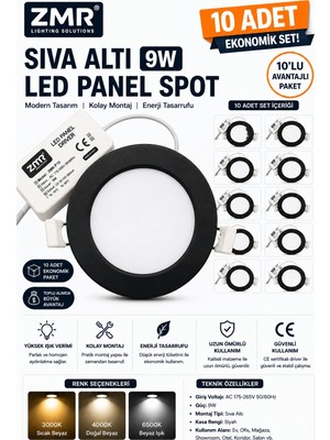 Zmr 10'lu Paket 9W Siyah Kasa Sıvaaltı Panel LED Armatür 3000K (Sarı)