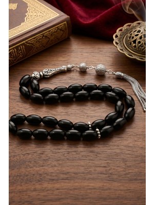 Prestige Gümüş Doğal Oniks Taşlı Arpa Kesim Tesbih 925 Ayar Gümüş Püsküllü 12*8 mm 902770