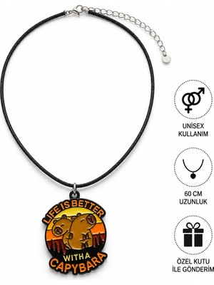 Herşey Nota Capybara Temalı Metal Kolye 60 cm Siyah Ipli Unisex Figürlü Kolye