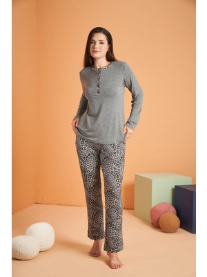 Pjs Kadın Likralı Viskon 4 Mevsim Kumaş Leoparlı Uzun Kollu Pijama Takım