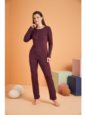 Pjs Kadın Viskon 4 Mevsim Kumaş Düğmeli Uzun Kollu Pijama Takım